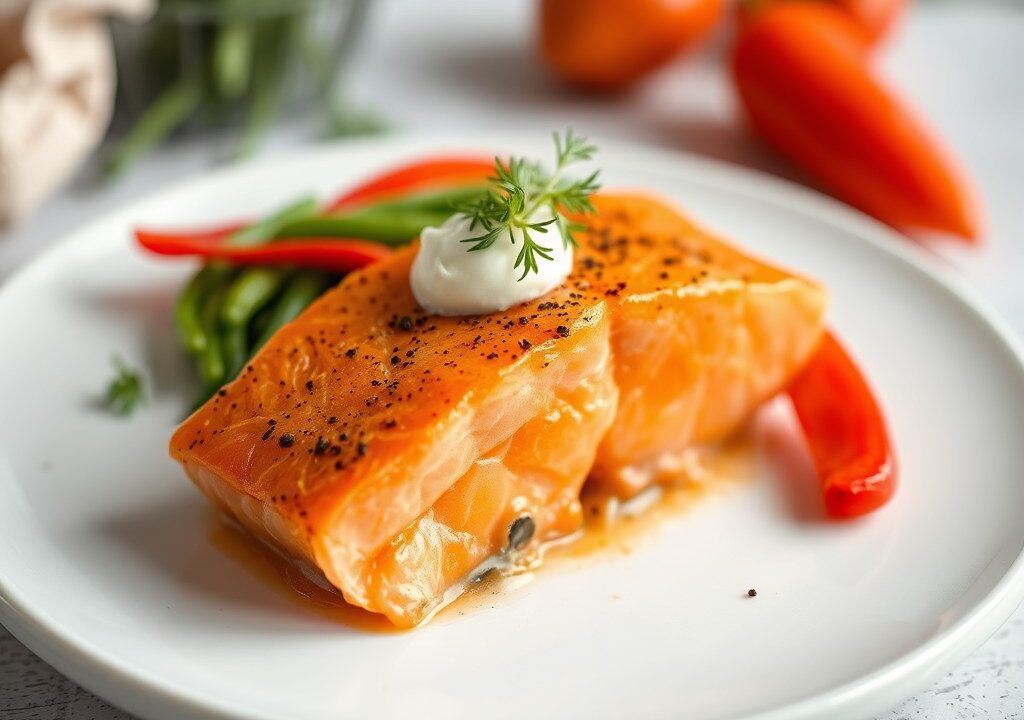 Zalm(gerookt) met Paprika-Mousse, AI-gegenereerde illustratie