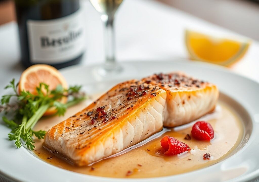 Zalm in champagne gegaard met een (zie opm), AI-gegenereerde illustratie