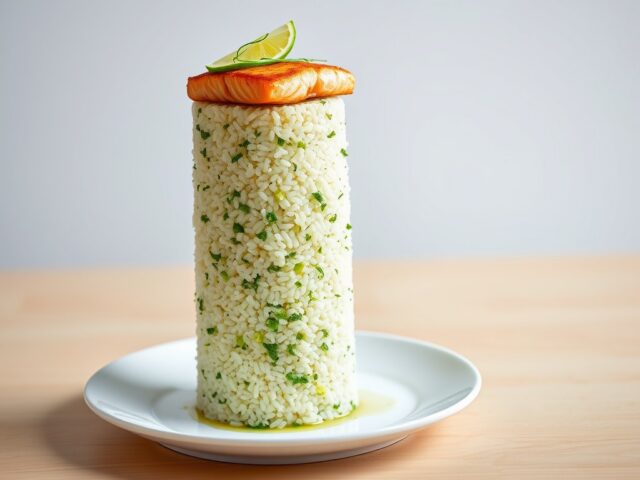 Zalm in een toren van rijst