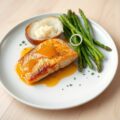 Zalm in honingsaffraansaus met gepofte aardappel