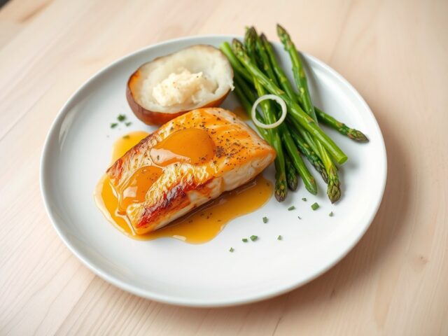 Zalm in honingsaffraansaus met gepofte aardappel