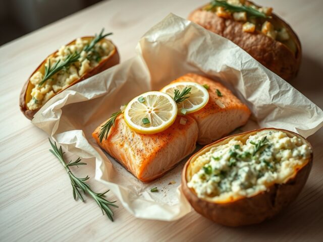 Zalm in papillot en gevulde aardappel