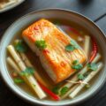Zalm met asperges in Oosterse bouillon
