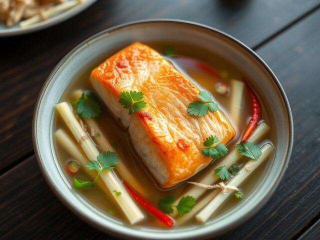 Zalm met asperges in Oosterse bouillon