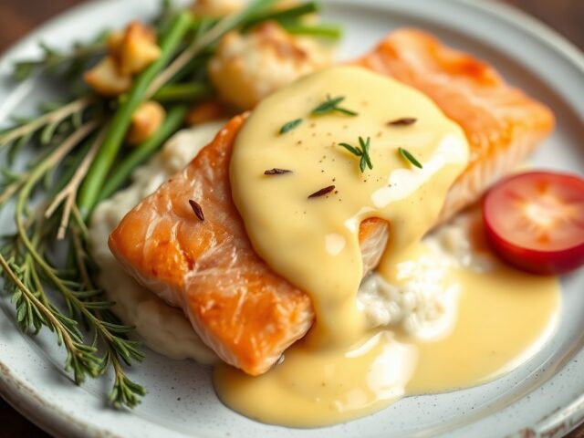 Zalm met bloemkoolpuree en sauce-Hollandaise