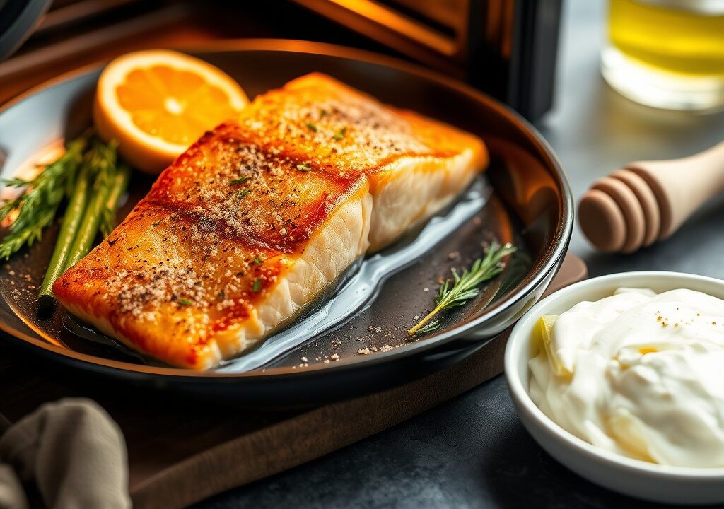 Zalm met bruine suiker, mosterd en honing (oven), AI-gegenereerde illustratie