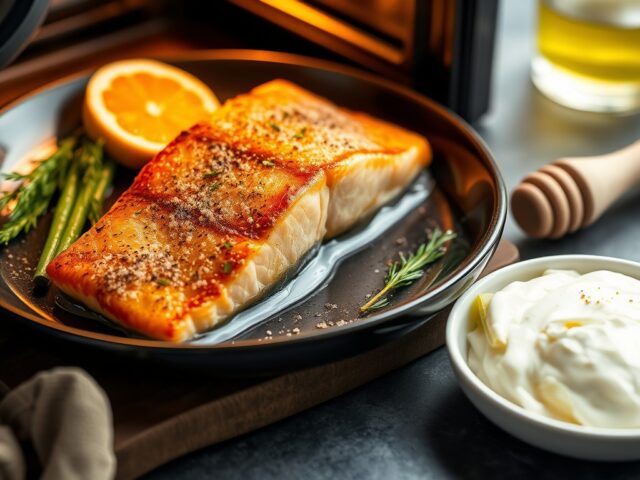 Zalm met bruine suiker, mosterd en honing (oven) — AI-gegenereerde illustratie