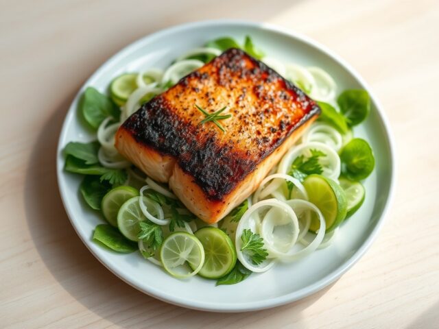 Zalm met een korstje van miso op een venkelsalade