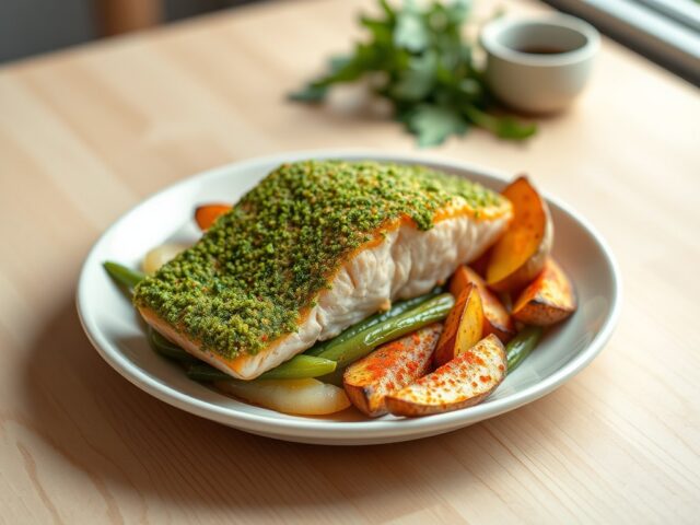 Zalm met een toplaag van tuinkruiden met prei