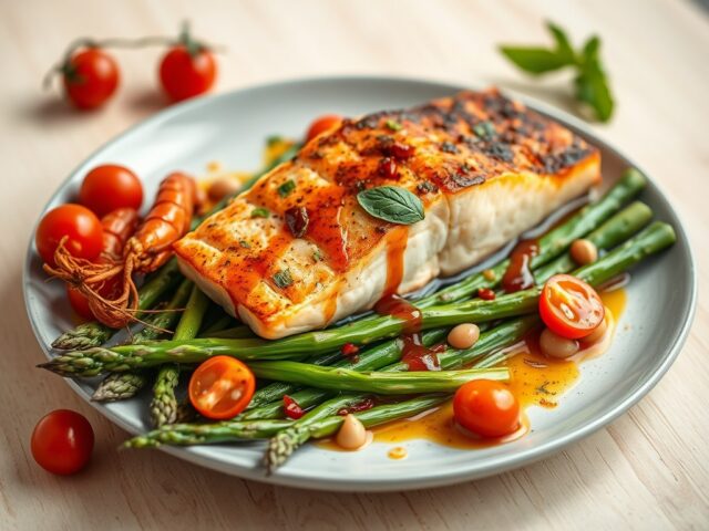 Zalm met groene asperges en rivierkreeftjes