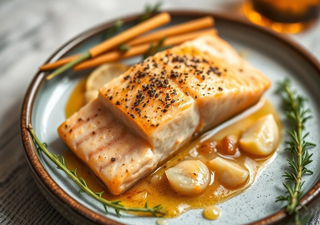 Zalm met Kappertjes-Krenten-Gember-Boter, AI-gegenereerde illustratie
