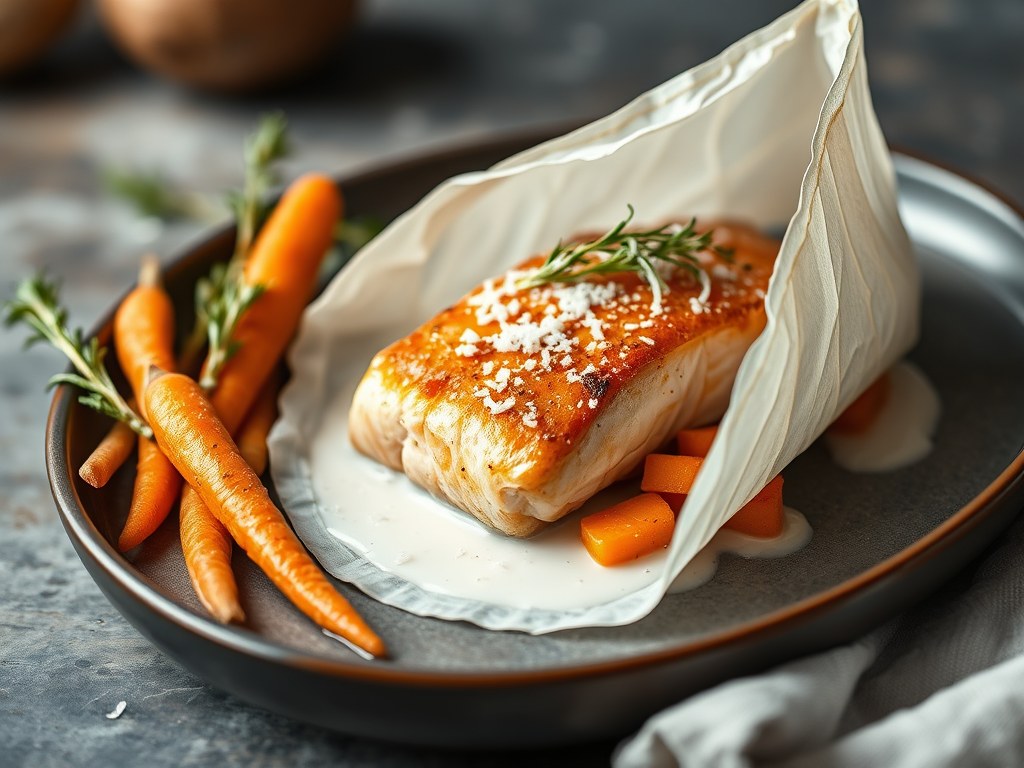 Zalm met kokosnoot in papillot, AI-gegenereerde illustratie