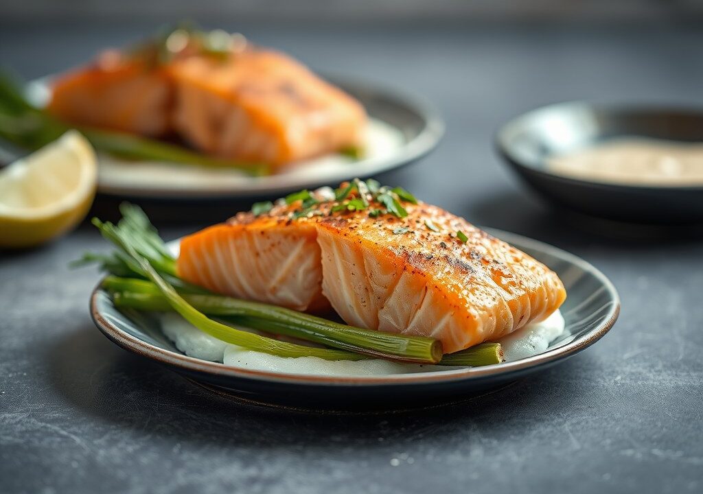 Zalm met krokante korst op gegrilde prei — AI-gegenereerde illustratie