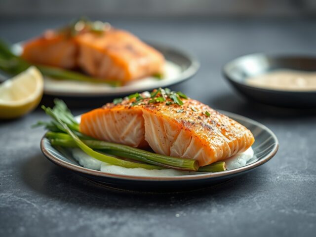 Zalm met krokante korst op gegrilde prei — AI-gegenereerde illustratie