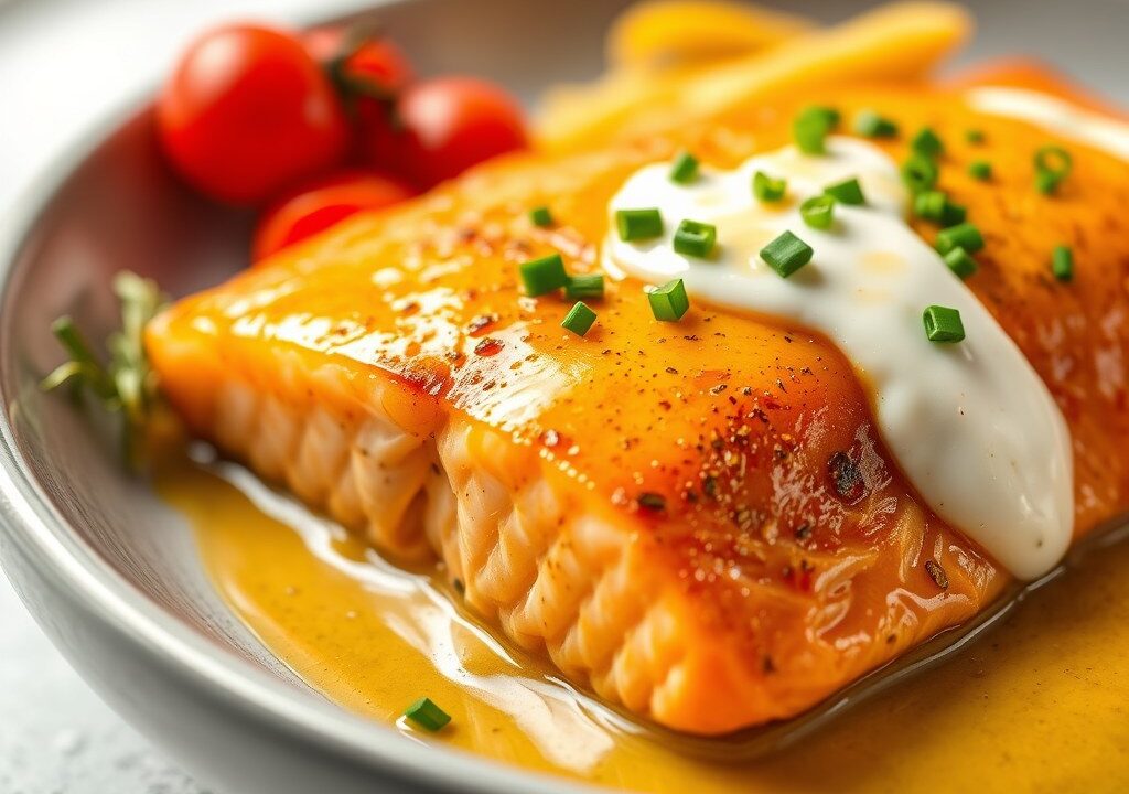 Zalm met Mosterd-Kruidensaus uit de Oven — AI-gegenereerde illustratie