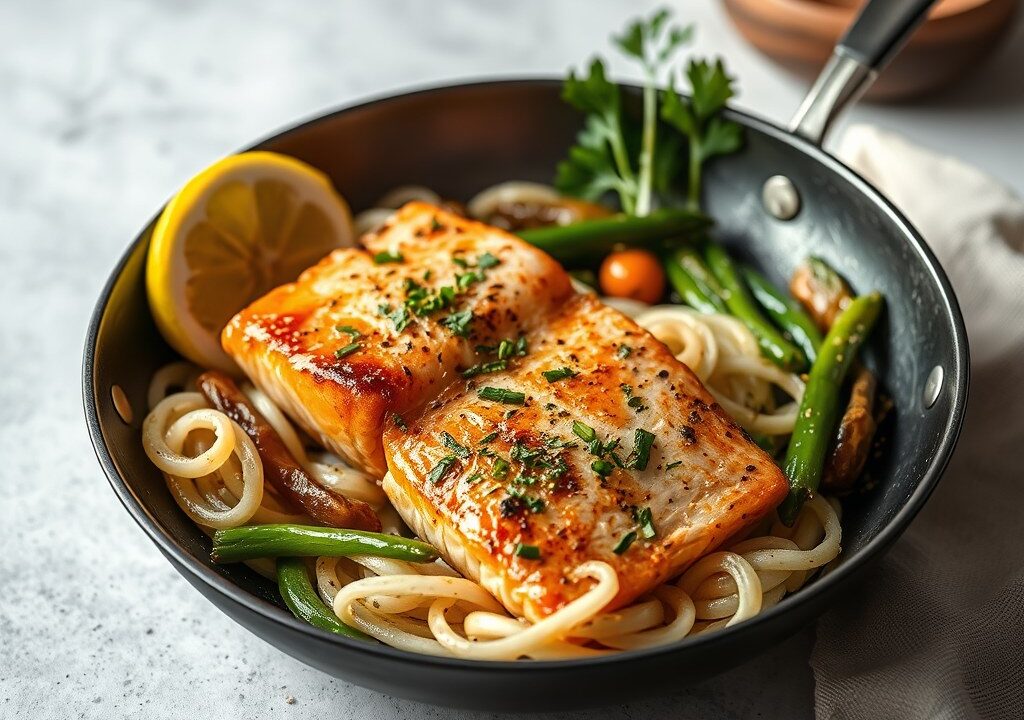 Zalm met paksoi — AI-gegenereerde illustratie