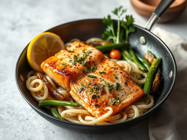 Zalm met paksoi — AI-gegenereerde illustratie
