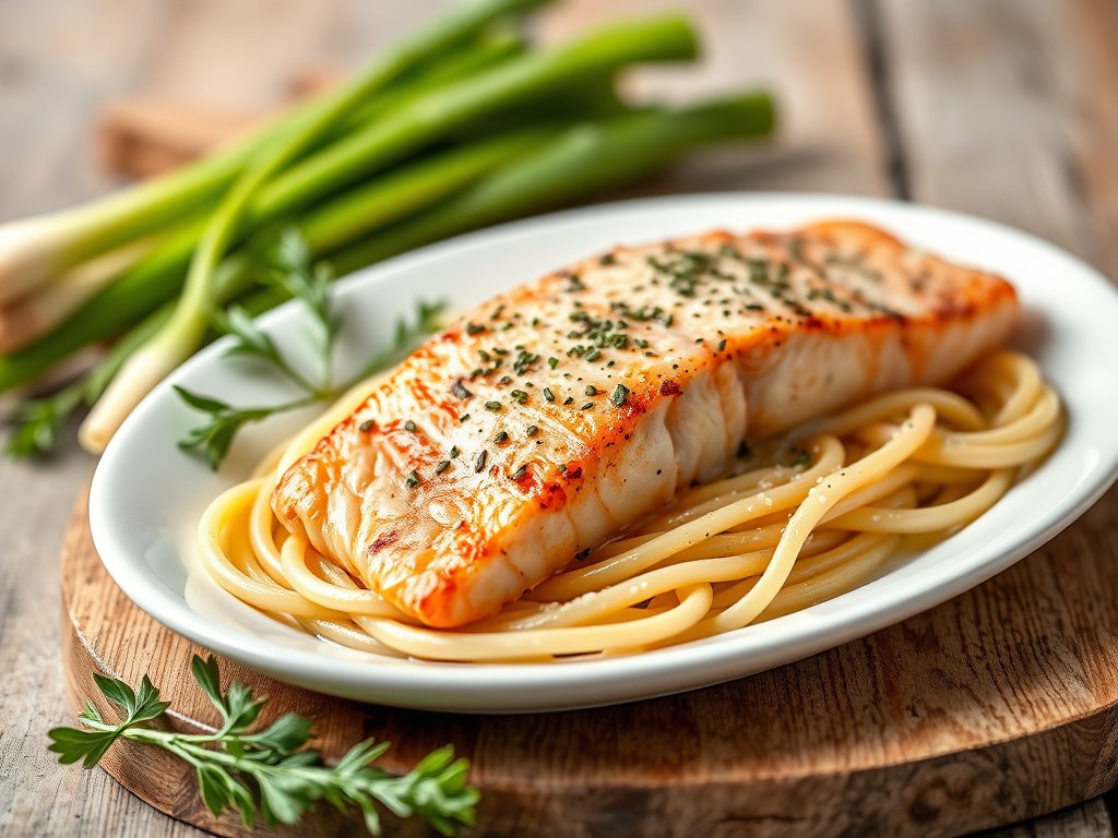 Zalm met prei en pasta, AI-gegenereerde illustratie