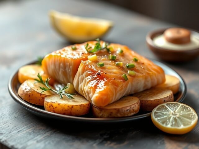 Zalm met prei vinaigrette op ratte aardappeltjes — AI-gegenereerde illustratie