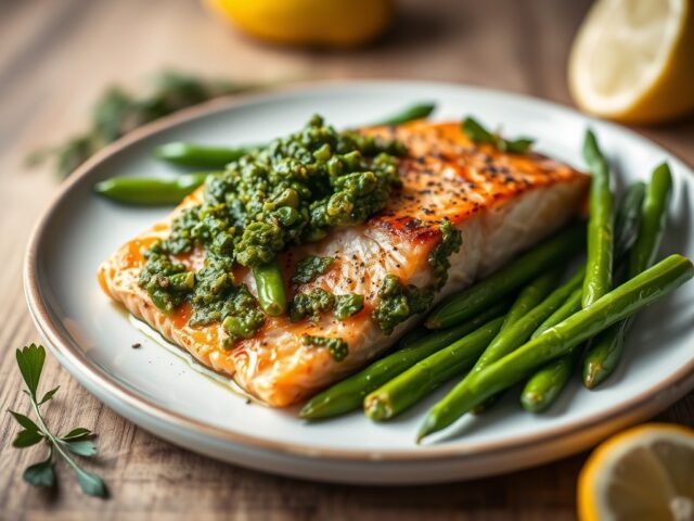 Zalm met sperziebonen en pesto uit de oven — AI-gegenereerde illustratie