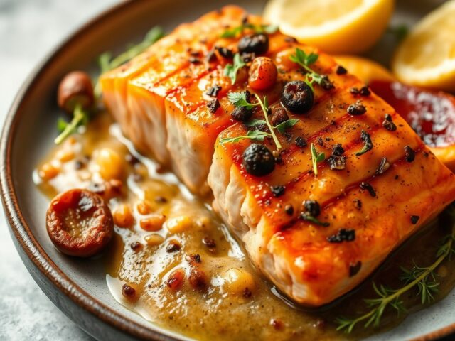 Zalm met Venkelkorst en Selderieknol-Peerpuree — AI-gegenereerde illustratie