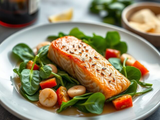 Zalm op Spinaziesalade met Kersensaus — AI-gegenereerde illustratie