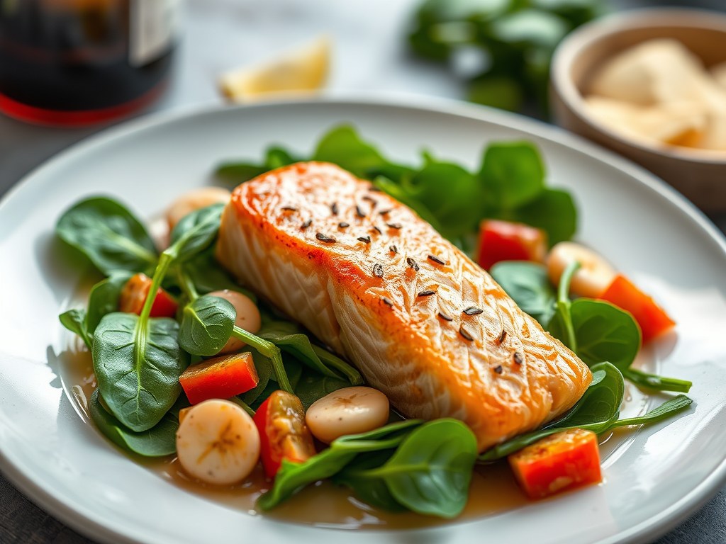 Zalm op Spinaziesalade met Kersensaus, AI-gegenereerde illustratie