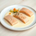 Zalm quenelles met groenten en een blanke botersaus