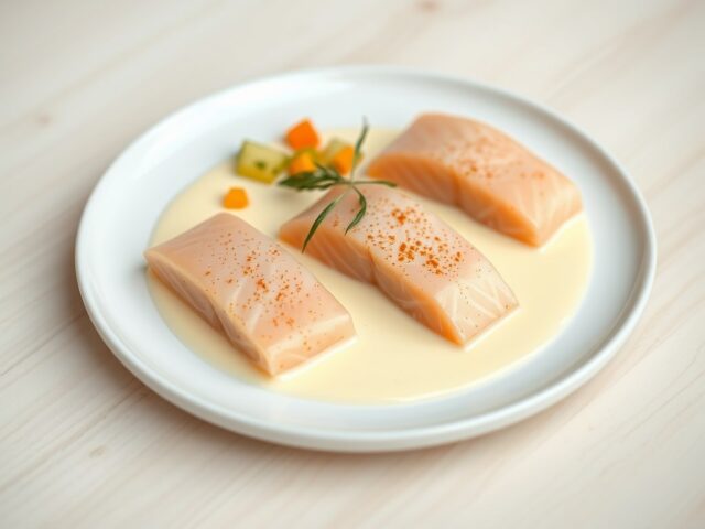 Zalm quenelles met groenten en een blanke botersaus