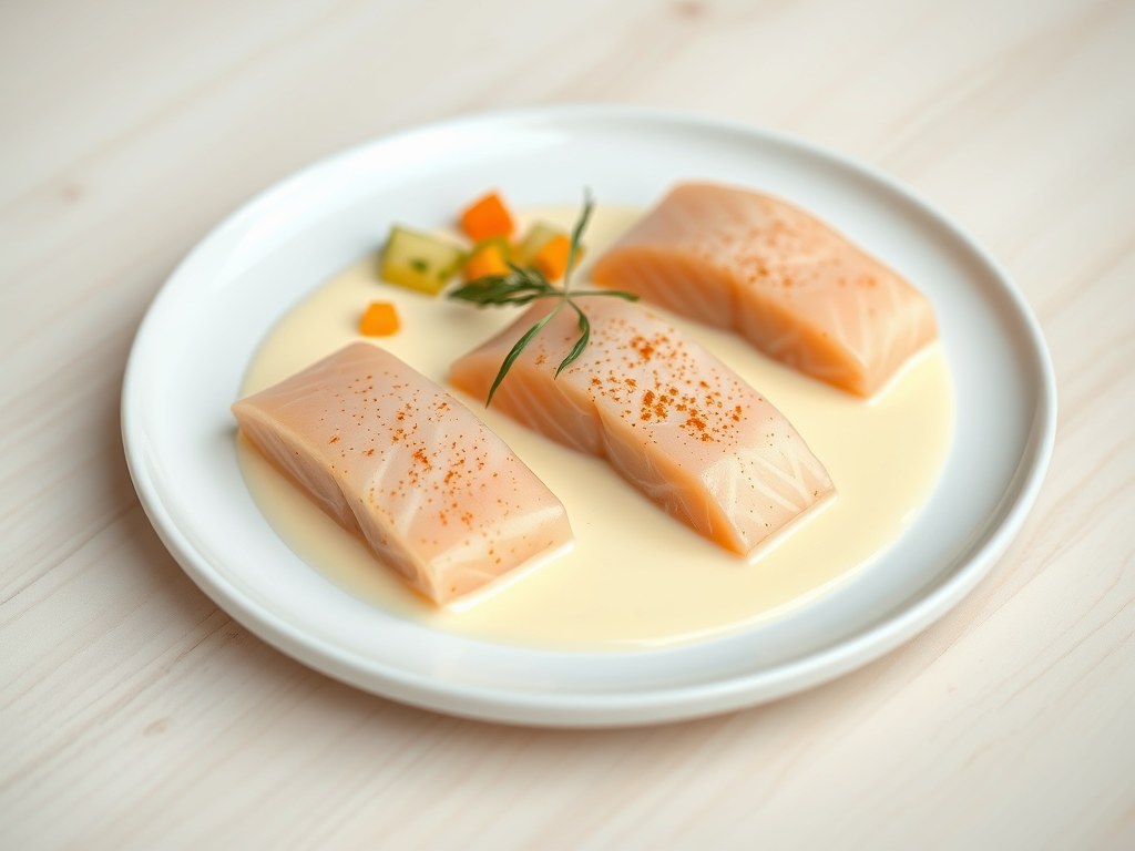 Zalm quenelles met groenten en een blanke botersaus, AI-gegenereerde illustratie