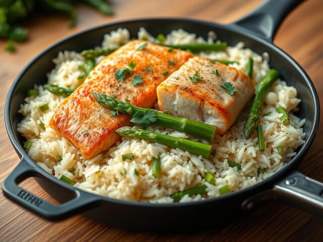 Zalm-Rijst-Asperges uit één Pan