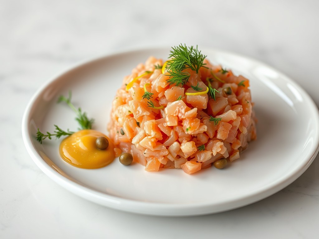 Zalm Tartaar Fumé met Mosterd, AI-gegenereerde illustratie