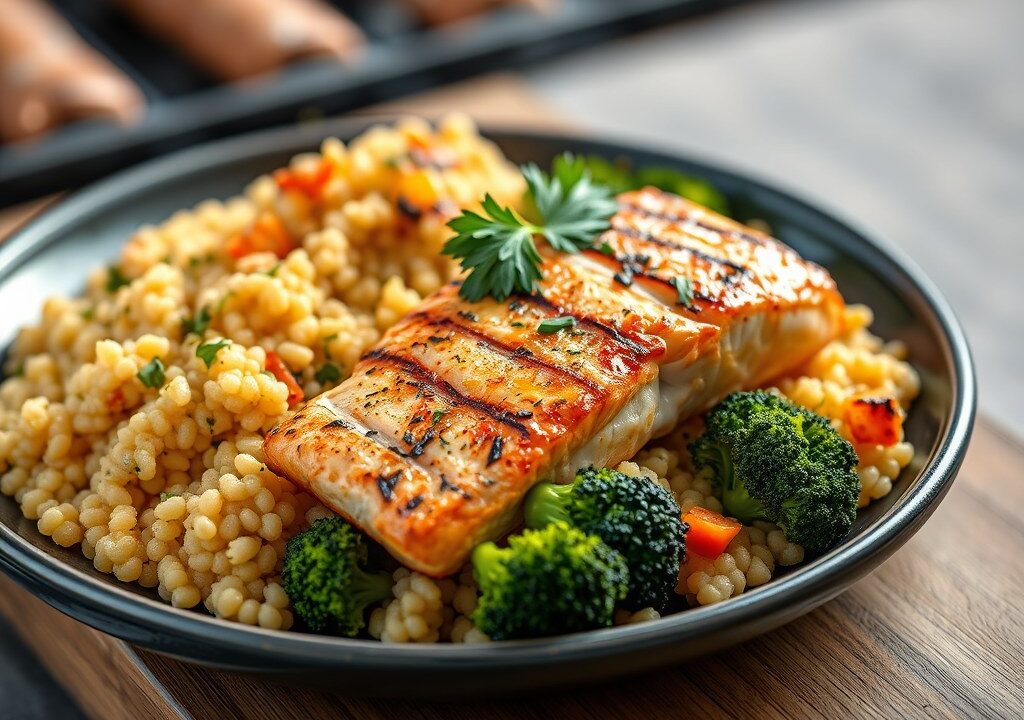 Zalm tikka met notencouscous — AI-gegenereerde illustratie