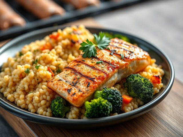 Zalm tikka met notencouscous — AI-gegenereerde illustratie