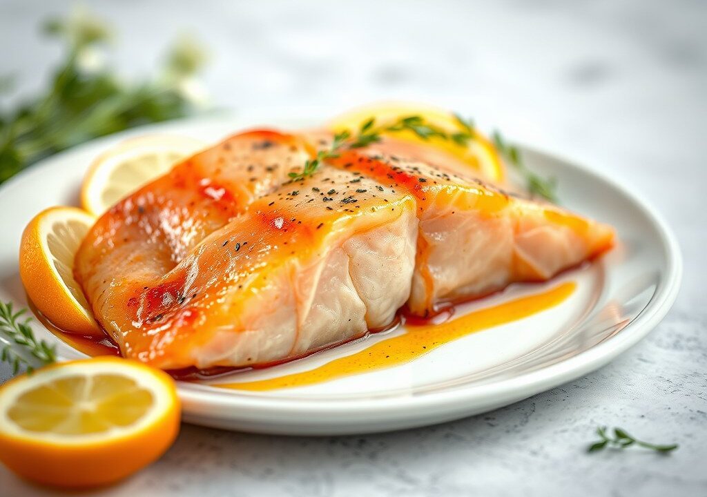 Zalm uit Asturië met cider (Salmón a la Ribereña), AI-gegenereerde illustratie