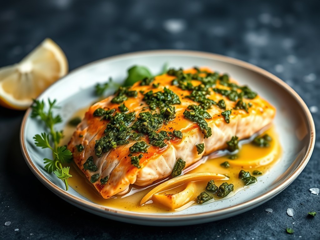 Zalm uit de oven met pesto en honing, AI-gegenereerde illustratie