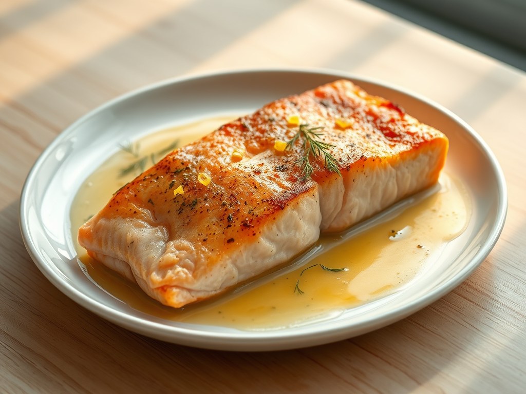 Zalm uit Sinaasappelsap met Citroen-Dille-Boter, AI-gegenereerde illustratie