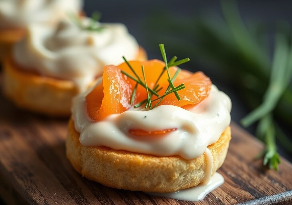 Zalmbonbon met mierikswortel mayonaise, AI-gegenereerde illustratie