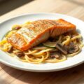 Zalmfilet in wijnroomsaus en courgette­tagliatelle