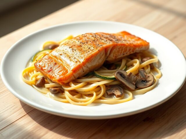 Zalmfilet in wijnroomsaus en courgette­tagliatelle