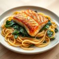 Zalmfilet met bladspinazie en tagliatelle