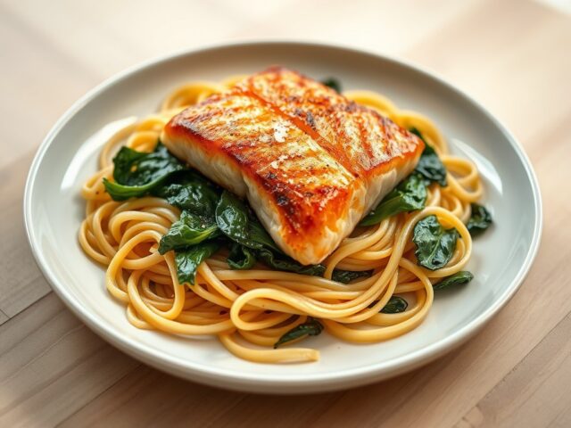 Zalmfilet met bladspinazie en tagliatelle
