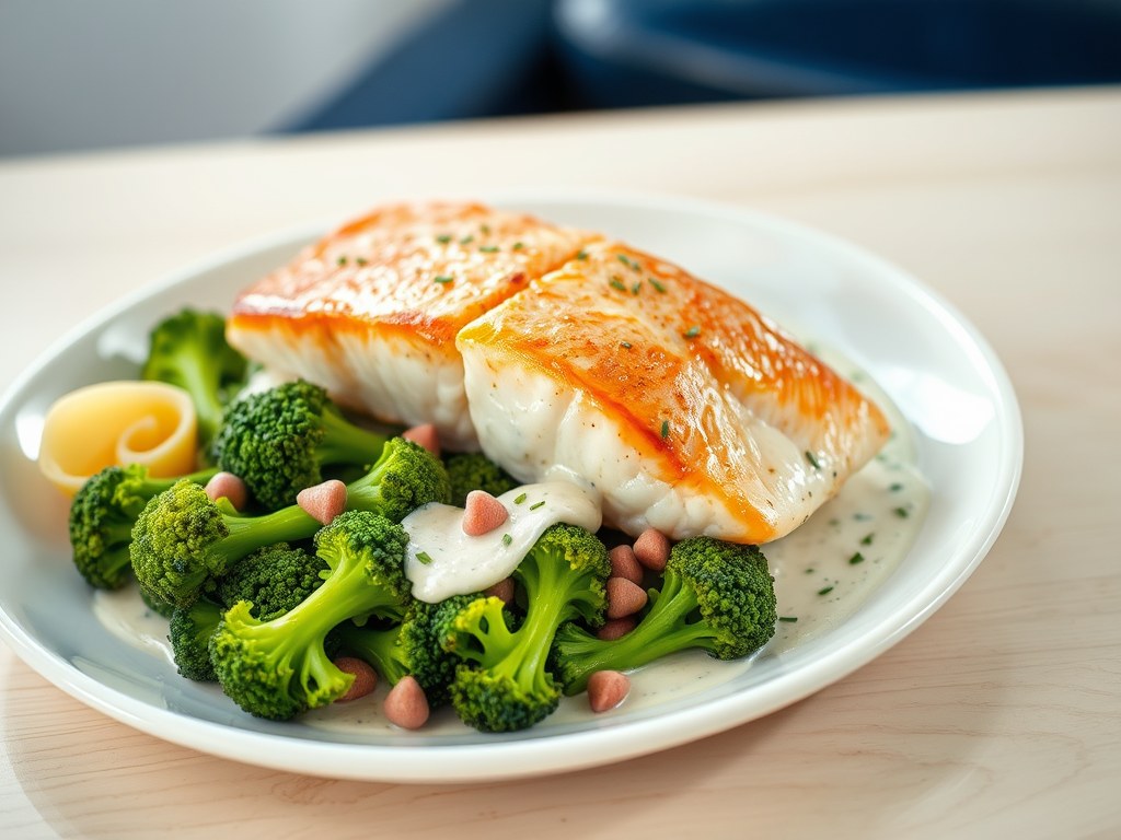 Zalmfilet met broccoli, AI-gegenereerde illustratie