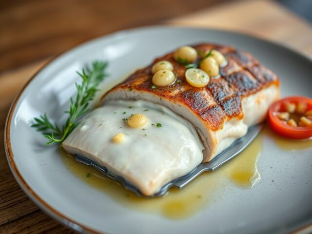 Zalmfilet met een dressing van kappertjes en pijnb