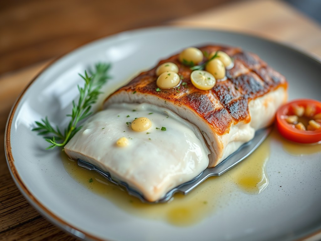 Zalmfilet met een dressing van kappertjes en pijnb, AI-gegenereerde illustratie