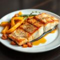 Zalmfilet met gebakken gekruide groenten en gedroogde abrikozen