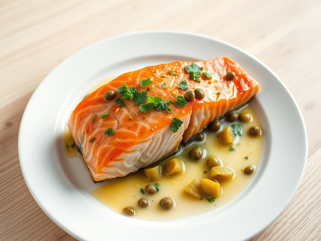 Zalmfilet met kappertjessaus, AI-gegenereerde illustratie