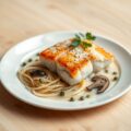 Zalmfilet met prei en champignons