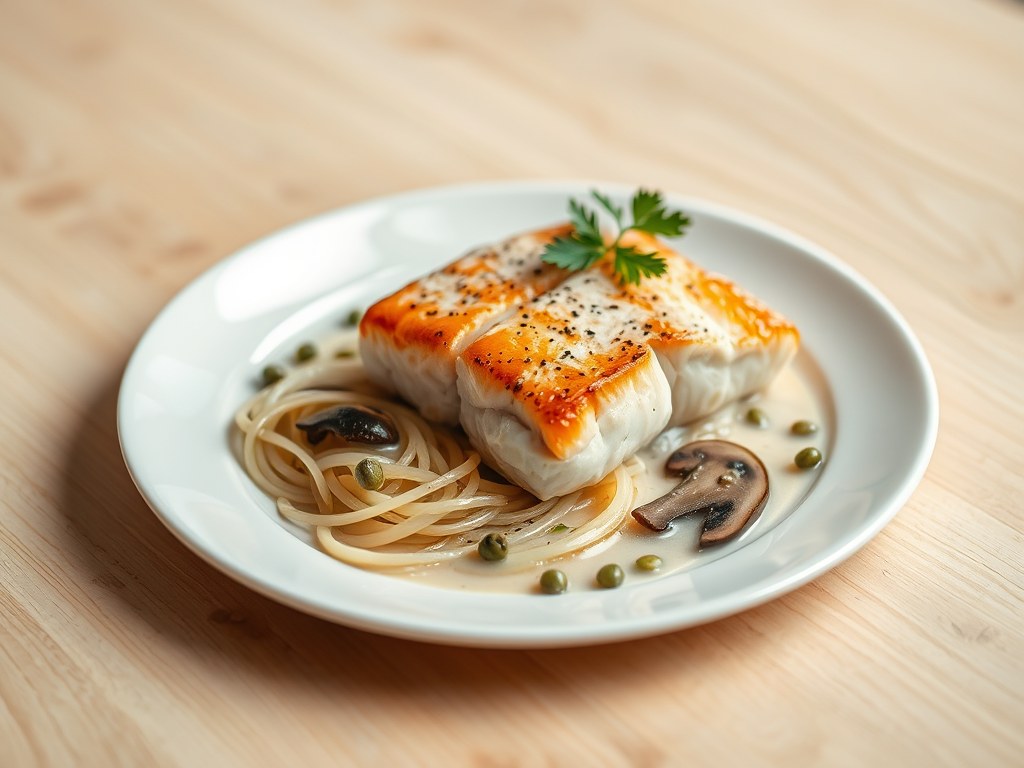 Zalmfilet met prei en champignons, AI-gegenereerde illustratie