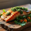 Zalmfilet op een plank gegrild met kruidenpesto